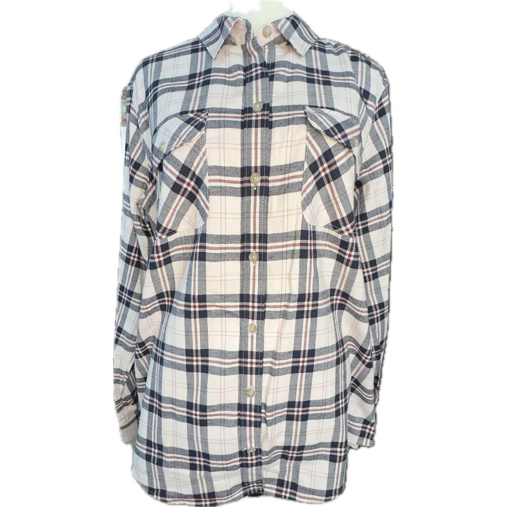 Eddie Bauer Women Flannel Shirt Size L Black Pink Plaid Long Sleeve‎ Button-Up